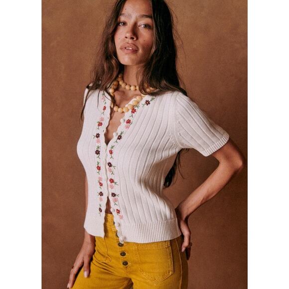 Sezane Ilena Flower Embroidery Cardigan White - FR Size XS - Picture 2 of 8